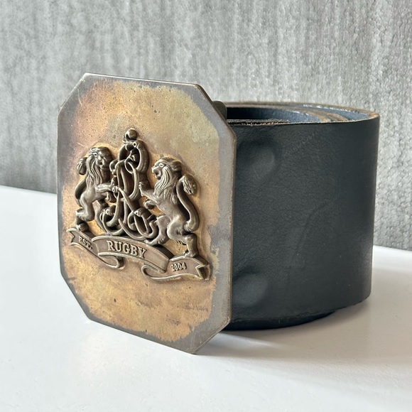 RUGBY Ralph Lauren Womens Wide Black Leather Belt Lion Crest Buckle Size Large - Picture 3 of 14